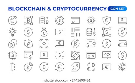 Blockchain, bitcoin thin line icons set vector illustration. Outline crypto money in digital wallet and data mining network, cryptocurrency exchange, transaction payment pictogram, cryptography Icons