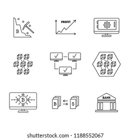Blockchain Black Thin Line Graphic Concept Technology of Bitcoin Digital Finance for Web and App. Vector illustration of Cryptocurrency Mining