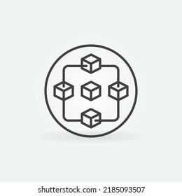 Blockchain with Blocks in circle vector thin line concept icon. Decentralized Block chain network outline round design element 