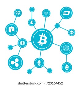 Blockchain blocks with cryptocurrency symbols. Internet money btc market vector concept. Bitcoin digital currency, money virtual cryptography illustration