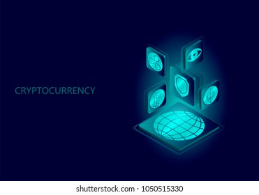 Blockchain blue isometric composition. Flat glowing platform planet Earth sign safety shield Bitcoin Ethereum Ripple coin cryptocurrency online global 3d payment digital mining vector illustration