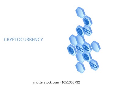 Blockchain blue isometric composition. Flat glowing hexagon sign safety shield Bitcoin Ethereum Ripple coin cryptocurrency online global 3d payment digital mining vector illustration
