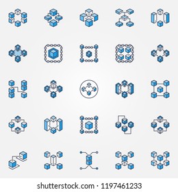 Blockchain blue vector icons set. Block chain technology and cryptocurrency creative symbols or logo elements