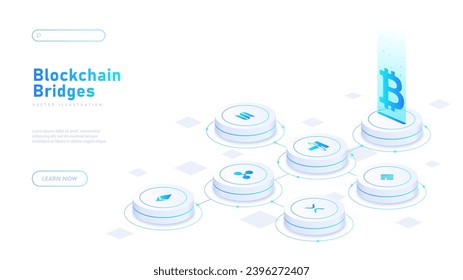 Blockchain bridges white poster. Cryprocurrency, bitcoin and litecoin. Investing and training. Landing page design. Cartoon isometric vector illustration isolated on white background