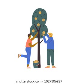 Blockchain btc concept illustration of a cartoon couple harvesting bitcoin from the tree. Funny flat characters in vector illustrated cryptocurrency mining.