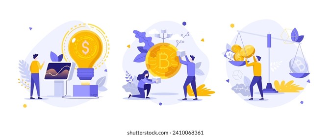 Blockchain business benefits flat concept vector illustrations set. Investment in cryptocurrency technology cartoon composition. E-commerce strategy creative idea for website, mobile, presentation