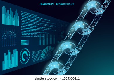 Blockchain business system management concept. Chain connection HUD information security. 3D low poly polygonal geometric design. Global technology e-commerce online vector illustration