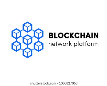 Blockchain, cloud server or hosting logo. Vector block chain network isometric template design for cryptocurency bitcoin, ethereum mining cloud servers