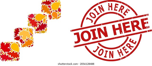 Blockchain collage icon created for fall season, and Join Here rubber stamp seal. Vector blockchain mosaic is formed of randomized autumn maple and oak leaves.