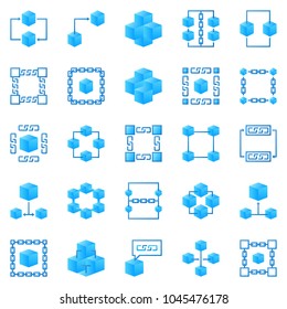 Blockchain colorful icons. Vector bright block chain creative signs or logo elements. Block, cube and chain concept symbols