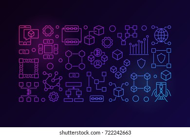 Blockchain colorful line banner. Vector minimal block-chain technology concept illustration on dark background