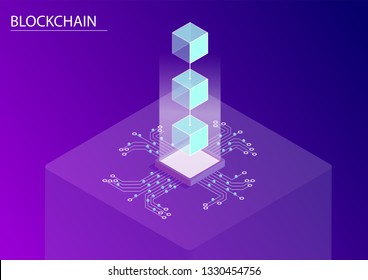 Blockchain concept. 3d isometric vector illustration with floating connected blocks and data flow