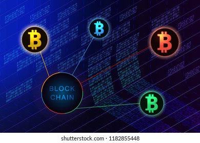 Blockchain concept banner. Circle blocks connection with each other and shapes crypto chain. Blockchain cryptocurrencies global network technology e-commerce business management. Abstract technology.