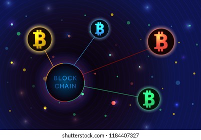 Blockchain concept banner. Circle blocks connection with each other and shapes crypto chain. Bitcoin in circle. Futuristic template design. Luminous cyber hologram. Sci fi digital futuristic theme.