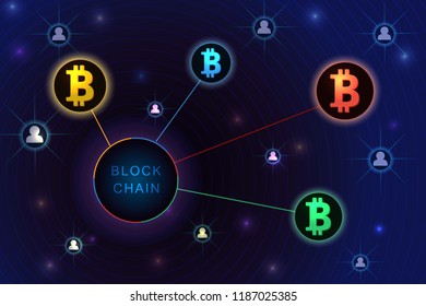 Blockchain concept banner. Circle blocks connection with each other and shapes crypto chain. Blockchain cryptocurrencies global network technology e-commerce business management. Abstract technology.
