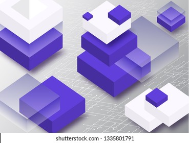 Blockchain concept banner. Isometric blocks, cubes connect with each other and form cryptochains. Vector abstract technology background for your design.
