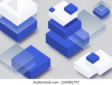 Blockchain concept banner. Isometric blocks, cubes connect with each other and form cryptochains. Vector abstract technology background for your design.