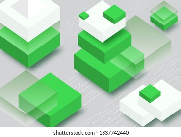 Blockchain concept banner. Isometric blocks, cubes connect with each other and form cryptochains. Vector abstract technology background for your design.