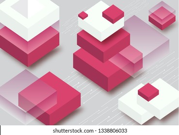 Blockchain concept banner. Isometric blocks, cubes connect with each other and form cryptochains. Vector abstract technology background for your design.