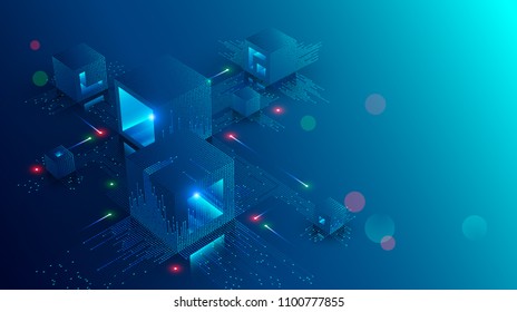 Blockchain concept banner. Isometric digital blocks connection with each other and shapes crypto chain. Blocks or cubes, connection consists digits. Abstract technology background. Vector illustration
