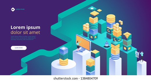 Blockchain concept banner. Isometric digital blocks connection with each other and shapes crypto chain. Blocks or cubes, connection consists digits. Abstract technology background. Vector illustration