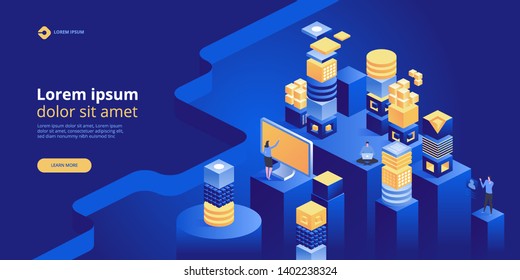 Blockchain concept banner. Isometric digital blocks connection with each other and shapes crypto chain. Blocks or cubes, connection consists digits. Abstract technology background. Vector illustration