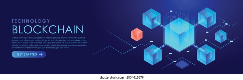 Blockchain concept banner. Isometric digital blocks connection with each other and shapes crypto chain. Blocks or cubes, connection consists digits. Abstract technology background.