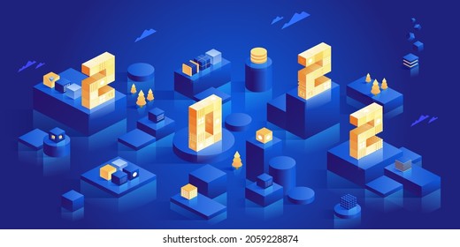 Blockchain concept banner. Isometric digital blocks connection with each other and shapes crypto chain. Blocks or cubes, connection consists digits. Abstract technology background. Vector illustration