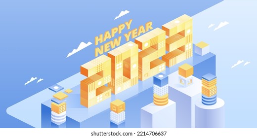Blockchain concept banner. Isometric digital blocks connection with each other and shapes crypto chain. Blocks or cubes, connection consists digits. Abstract technology background. Vector illustration