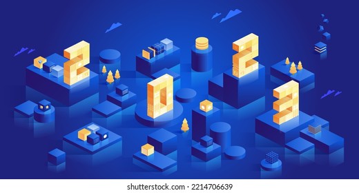 Blockchain concept banner. Isometric digital blocks connection with each other and shapes crypto chain. Blocks or cubes, connection consists digits. Abstract technology background. Vector illustration