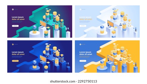 Blockchain concept banner. Isometric digital blocks connection with each other and shapes crypto chain. Blocks or cubes, connection consists digits. Abstract technology background. Vector illustration