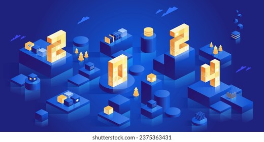 Blockchain concept banner. Isometric digital blocks connection with each other and shapes crypto chain. Blocks or cubes, connection consists digits. Abstract technology background. Vector illustration