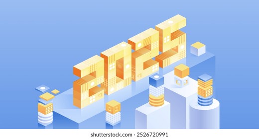 Blockchain concept banner. Isometric digital blocks connection with each other and shapes crypto chain. Blocks or cubes, connection consists digits. Abstract technology background. Vector illustration