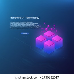 Blockchain concept banner. Isometric shining cubes. Big data processing. Website or landing page template. Vector illustration
