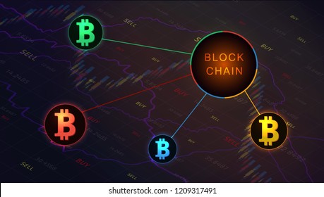 Blockchain concept banner on  background of stock market graph. Blockchain cryptocurrencies global network technology e-commerce business management. Candle stick stock market tracking graph. Vector.