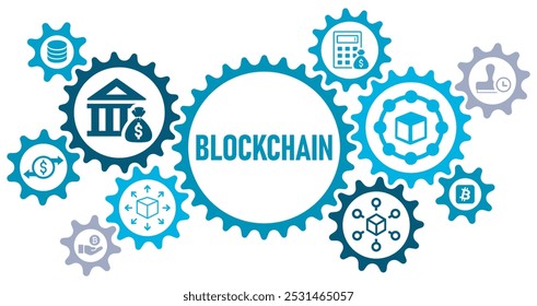 Blockchain concept banner web website icons, vector illustration with an icons of data, decentralized, crypto currency, time stamp, networking, transection, banking, financial, on white background