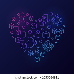 Blockchain concept colored bright heart. Modern outline abstract block chain and cube icons in heart shape. Vector illustration on dark background