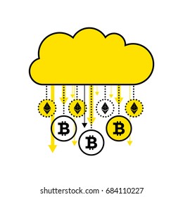 Blockchain concept of cryptocurrency. Golden digital cloud isolated on white background. Gold rain virtual coins bitcoin, ethereum falling down. Flat icon. Vector illustration.