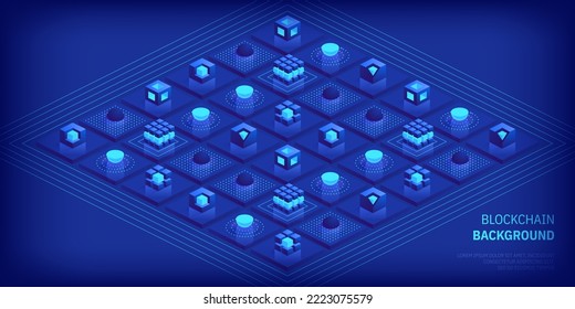 Blockchain concept. Digital blocks connect with each other and shapes crypto chain. Blocks or cubes, connection consists of digital data. Digital network technology. Isometric vector background