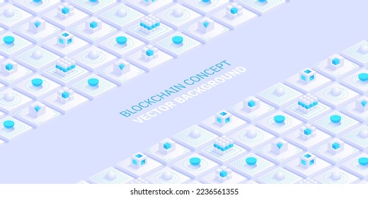 Concepto de cadena de bloqueo. Los bloques digitales se conectan entre sí y modelan la cadena criptográfica. Bloques o cubos, la conexión consiste en datos digitales. Tecnología de red digital. Fondo vectorial isométrico