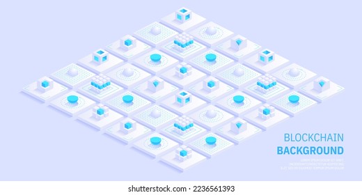 Concepto de cadena de bloqueo. Los bloques digitales se conectan entre sí y modelan la cadena criptográfica. Bloques o cubos, la conexión consiste en datos digitales. Tecnología de red digital. Fondo vectorial isométrico