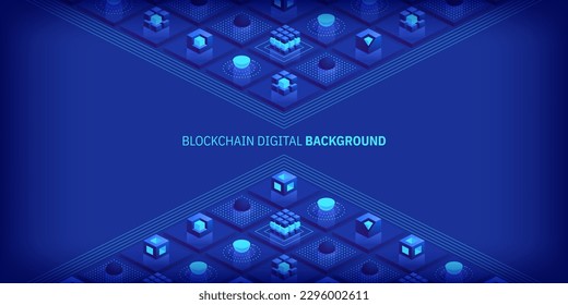 Blockchain concept. Digital blocks connect with each other and shapes crypto chain. Blocks or cubes, connection consists of digital data. Digital network technology. Isometric vector background