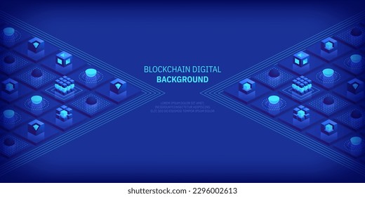 Concepto de cadena de bloqueo. Los bloques digitales se conectan entre sí y modelan la cadena criptográfica. Bloques o cubos, la conexión consiste en datos digitales. Tecnología de red digital. Fondo vectorial isométrico