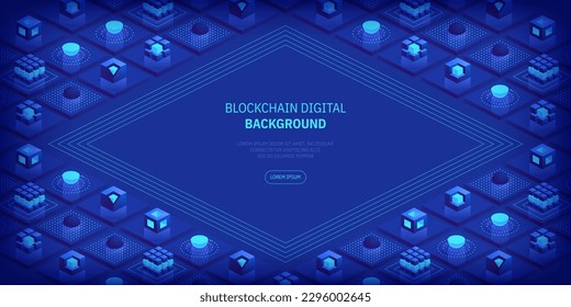 Concepto de cadena de bloqueo. Los bloques digitales se conectan entre sí y modelan la cadena criptográfica. Bloques o cubos, la conexión consiste en datos digitales. Tecnología de red digital. Fondo vectorial isométrico