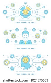 Blockchain concept finance banner and bitcoin icon flat line stroke vector illustration. For website graphics, mobile application, infographics and print.