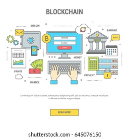 Blockchain concept finance banner flat design line art. Set of icons of banking and payment by bitcoins, exchange of money. Vector illustration for web site, application and print
