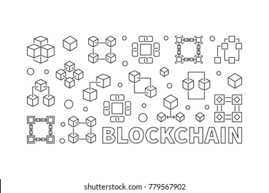 Blockchain Concept Horizontal Illustration. Vector Block Chain Computer Technology Banner In Outline Style