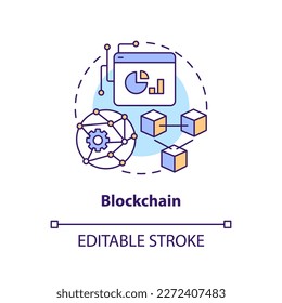 Symbol für Blockchain-Konzept. Kryptowährungsnetzwerk. Metaverse Technologie abstrakte Idee dünne Linie Illustration. Einzeln Umrisszeichnung. Bearbeitbarer Strich. Arial, Myriad Pro Fett Schriftarten verwendet