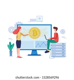 Blockchain concept illustration of young men and women using laptop and for database coding and development software platform for digital assets. 