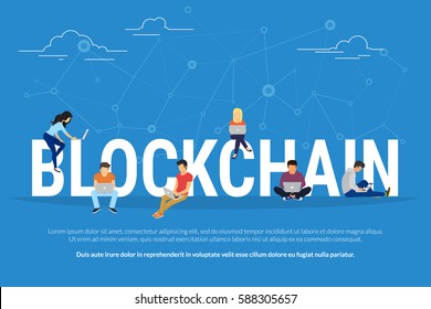 Blockchain concept illustration of young men and women using laptop and for database coding and development software platform for digital assets. Flat design of people sitting on big letters